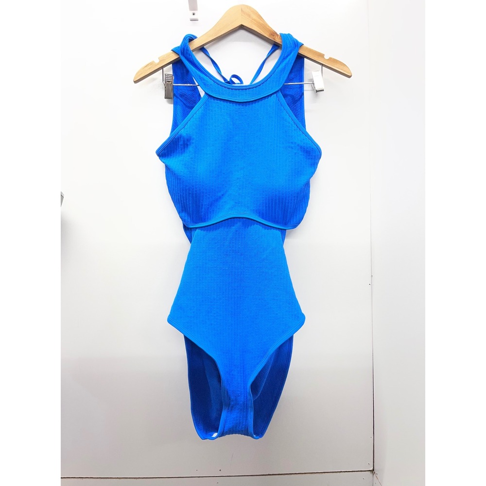 OQQ Womens Blue Ribbed One Piece Swimsuit Cut Out High Neck Cross Back Sz XL